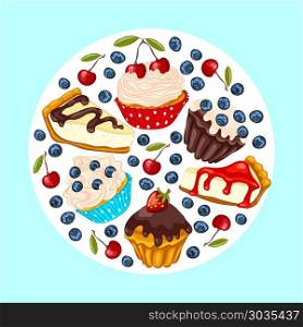 Set of vector sweet dessert. Cupcake, muffin, cheesecake with fresh berry isolated on white. Set of vector sweet dessert. Birthday greeting card or invitation template.