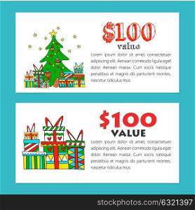 Set of vector templates gift voucher. Cute illustration of Christmas tree and colorful boxes with gifts.