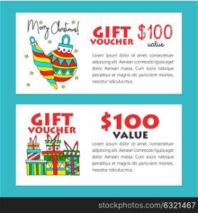 Set of vector templates gift voucher. Discounts for Christmas and new year. Vector illustration. Colored boxes with gifts and Christmas tree decorations.