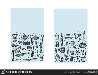 Set of vector templates with kitchen equipments in doodle style. Collection of cards with dishes and tools and empty space for text.