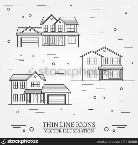Set of vector thin line icon suburban american houses. For web design and application interface, also useful for infographics. Vector dark grey. Vector illustration.. Set of vector thin line icon suburban american houses. For web
