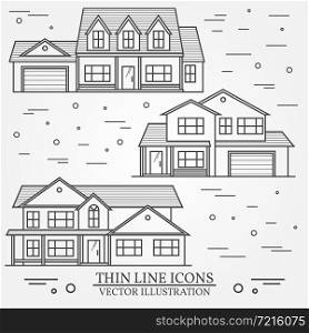 Set of vector thin line icon suburban american houses. For web design and application interface, also useful for infographics. Vector dark grey. Vector illustration.