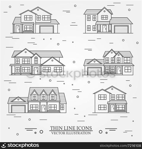 Set of vector thin line icon suburban american houses. For web design and application interface, also useful for infographics. Vector dark grey. Vector illustration.