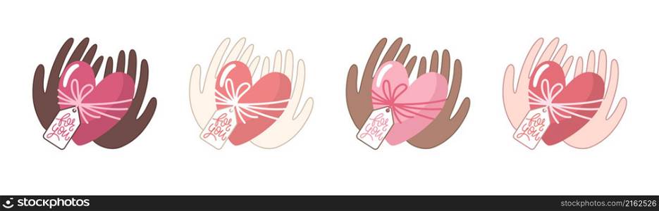 Set of vector tor illustrations for Valentine day. Hearts in hands of diverse group of people on white background. Creative greeting card with hand-drawn decorative elements.
