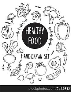 Set of vector vegetables and fruits, root vegetables and mushrooms, legumes and spicy plants, food in linear hand drawn doodle style. Isolated hand drawings for design and decor on white background