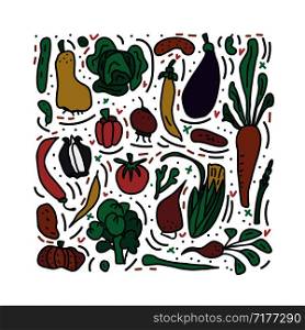 Set of vector vegetables. Collection of veg in doodle style isolated on white background. Square composition.