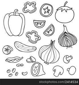 Set of vector vegetables. Cucumber, mushrooms and pea pod, tomato and pepper, onion and lemon. Whole fruits and cut into pieces. Linear isolated hand drawings doodle. elements for design and decor