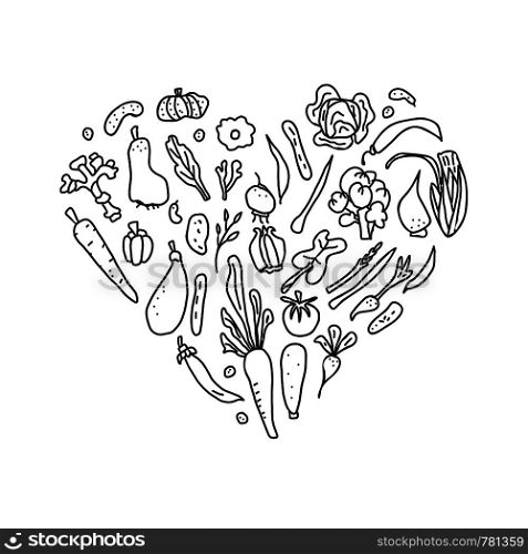 Set of vector vegetables. Heart composition of veg in doodle style isolated on white background.