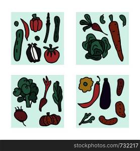 Set of vector vegetables square cards. Collection of veg in doodle style isolated on white background.