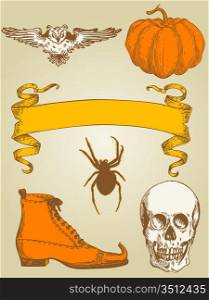 set of vector vintage hand drawn Halloween objects