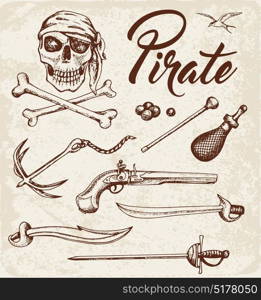 Set of vector vintage hand drawn weapons of pirates. Pirate design elements.