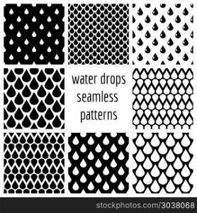Set of vector water drops seamless patterns in black and white. Set of vector water drops seamless patterns in black and white. Collection of monochrome rain background