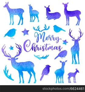 Set of vector watercolor deers and birds silhouettes on a white background. Winter Christmas design kit