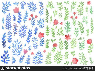 Set of vector watercolor florals isolated on a white background. Blue and green flowers and leaves.