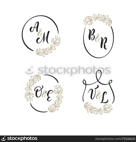 Set of vector wedding logo Golden Wreath Background. Floral frames easy to edit. Perfect for invitation or greeting card with monogram letters or text.. Set of vector wedding template logo Golden Wreath Background. Floral frames easy to edit. Perfect for invitation or greeting card with monogram letters or text