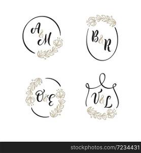 Set of vector wedding logo Golden Wreath Background. Floral frames easy to edit. Perfect for invitation or greeting card with monogram letters or text.. Set of vector wedding template logo Golden Wreath Background. Floral frames easy to edit. Perfect for invitation or greeting card with monogram letters or text