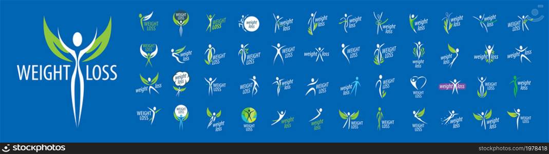 Set of vector Weight Loss logos on a blue background.. Set of vector Weight Loss logos on a blue background
