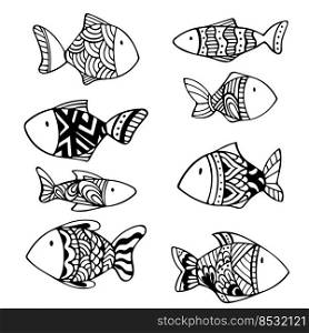 Set of vector zen doodle fish. Black and white doodle hand drawn sketch. Zen tangle tattoo drawing. Coloring book page for adults, children. Relax.. Set of vector zen doodle fish. Black and white doodle hand drawn sketch. Zen tangle tattoo drawing. Coloring book page for adults, children. Relax