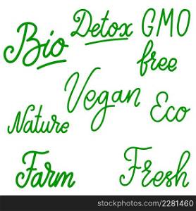Set of vegan food lettering phrases. Design element for poster, card, banner, sign. Vector illustration