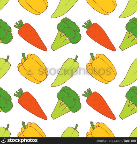 Set of vegetable seamless pattern for wallpaper design. Pepper, broccoli, carrot. Organic healthy vegetable. Raw, vegan, vegetarian food. Cartoon pattern on white backdrop. Vector doodle design. . Vegetable set seamless pattern