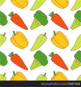Set of vegetable seamless pattern for wallpaper design. Pepper, broccoli, carrot. Organic healthy vegetable. Raw, vegan, vegetarian food. Cartoon pattern on white backdrop. Vector doodle design. . Vegetable set seamless pattern