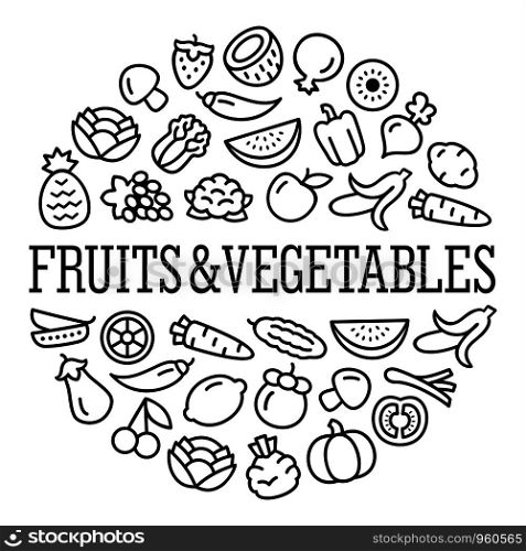 Set of vegetables and fruits icons illustration background in a circular shape