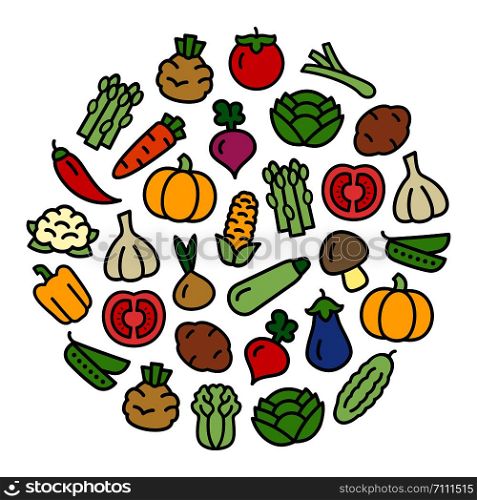 Set of vegetables color icons illustration background in a circular shape