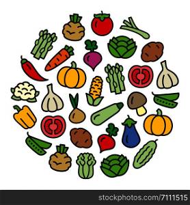 Set of vegetables color icons illustration background in a circular shape