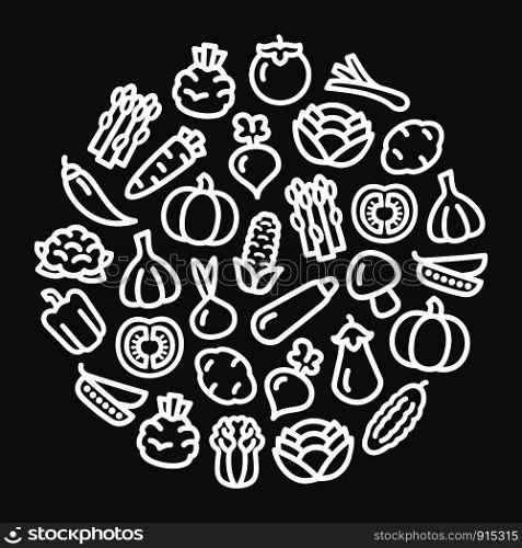 Set of vegetables icons illustration black background in a circular shape