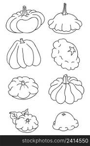 Set of vegetables. Pumpkin and pattison. Vector illustration. Isolated linear hand drawing, Outline for design, decor and decoration