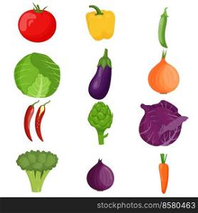Set of vegetables. Vegetarian food, healthy eating concept. Tomato, pepper, chili, pea, cabbage, artichoke, eggplant onion carrot broccoli Flat vector illustration. Set of vegetables. Vegetarian food, healthy eating concept. Tomato, pepper, chili, pea, cabbage, artichoke, eggplant, onion, carrot, broccoli. Flat vector illustration