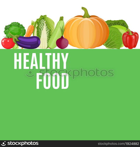 Set of vegetarian food. Pepper, cucumber, tomato, cabbage, pumpkin, eggplant. Dieting and nutrition. Vector illustration in flat style. Set of vegetarian food.