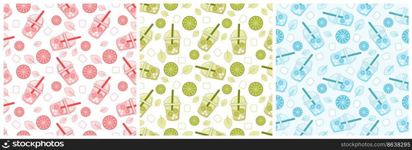 Set of Vegetarian, Fruit or Vegetables Seamless Pattern Design with Fresh, Organic and Natural Food in Hand Drawn Flat Cartoon Background Illustration