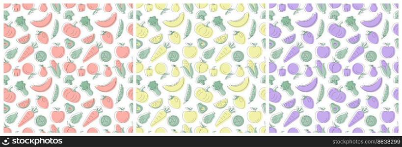 Set of Vegetarian, Fruit or Vegetables Seamless Pattern Design with Fresh, Organic and Natural Food in Hand Drawn Flat Cartoon Background Illustration