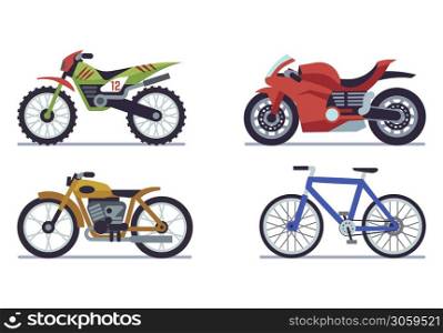 Set of vehicles. Racing motorcycles, sports mountain bike for road racing, speed race modern vehicle travel and sport flat isolated vector motor transport collection. Set of vehicles. Racing motorcycles, sports mountain bike for road racing, speed race modern vehicle travel and sport flat vector motor transport