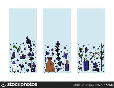 Set of vertical banner templates of lavender composition in doodle style. Social media backgrounds of flowers elements with space for text. Vector illustration.