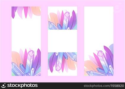 Set of vertical banner with multicolored boho feathers of birds with decoration, crystal and place for text on white background. Vector template for greeting cards, invitations and your creativity. Set of vertical banner with multicolored boho feathers of birds with decoration, crystal and place for text on white background.