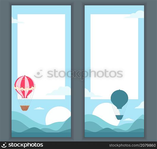 Set of vertical banner with vintage hot air balloon in the sky, sunrise and hills and place for text. Card with aerostat and copy space. Vector template with balloons and lands. Set of vertical banner with vintage hot air balloon in the sky, sunrise and hills and place for text. Card with aerostat and copy space. Vector template