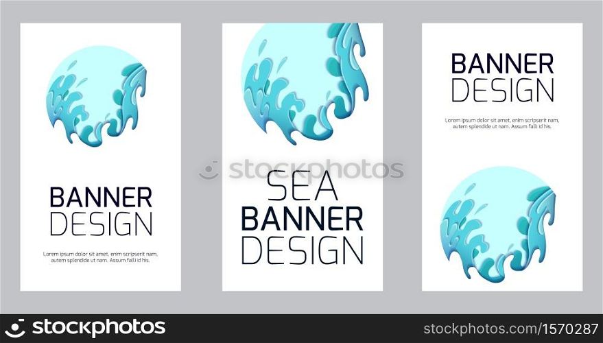 Set of vertical banner with violent sea waves cut out of paper. Card with 3d multilayer drawing of streams of water. Storm. Vector template for articles, voucher, covers and your design.. Set of vertical banner with violent sea waves cut out of paper. Card with 3d multilayer drawing of streams of water. Storm. Vector template