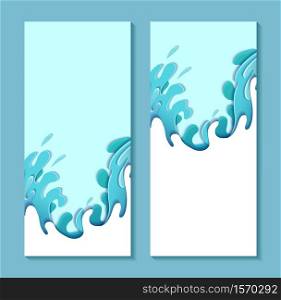 Set of vertical banner with violent sea waves cut out of paper. Card with 3d multilayer drawing of streams of water. Storm. Vector template for articles, voucher, covers and your design.. Set of vertical banner with violent sea waves cut out of paper. Card with 3d multilayer drawing of streams of water. Storm. Vector template