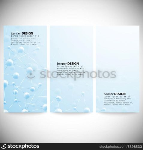 Set of vertical banners. Blue Abstract background, molecule structure vector illustration.