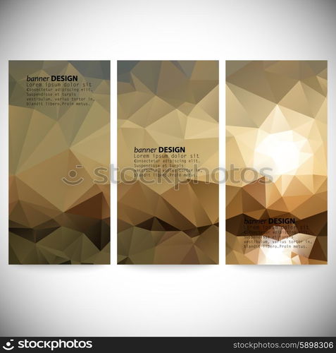 Set of vertical banners. Mountains and sea landscape, triangle design vector illustration.