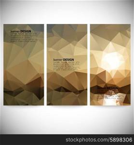 Set of vertical banners. Mountains and sea landscape, triangle design vector illustration.