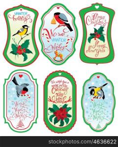 Set of vertical banners or labels with calligraphic text, holly berries and bullfinch birds on light blue or yellow background. Images for Christmas and New Year design.