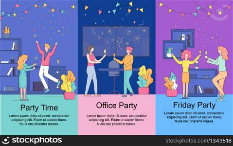 Set of Vertical Banners with Copy Space. Friday Office Party Time. Joyful Colleagues Celebrating Holiday. Happy Business Men and Women Have Fun at Office Party. Linear Cartoon Flat Vector Illustration. Vertical Banners Set. Friday Office Party Time.