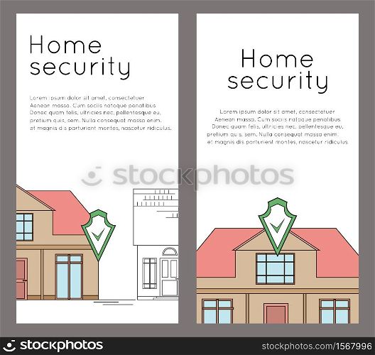 Set of vertical banners with outline drawing of house with security shield. Smart home with alarm on the background of ordinary homes. The house is guarded. Line art for flyer, card and your design.. Set of vertical banners with outline drawing of house with security shield. Smart home with alarm on the background of ordinary homes. The house is guarded.