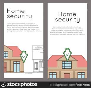 Set of vertical banners with outline drawing of house with security shield. Smart home with alarm on the background of ordinary homes. The house is guarded. Line art for flyer, card and your design.. Set of vertical banners with outline drawing of house with security shield. Smart home with alarm on the background of ordinary homes. The house is guarded.