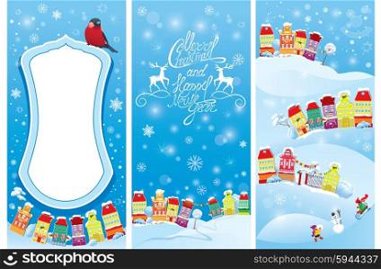 Set of vertical banners with small fairy town on light blue sky background with decorative colorful houses in winter time. Images for Christmas and New Year design