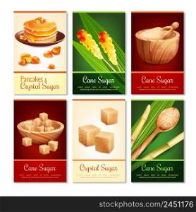 Set of vertical cards with cane sugar in various shape, green leaves, wooden dishware isolated vector illustration . Cane Sugar Vertical Cards