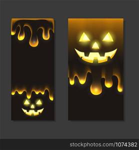 Set of vertical halloween banners with jack lamp and flowing drops of transparent slime on a dark background. Holiday card. Vector template for invitation, greeting cards and your design.. Set of vertical halloween banners with jack lamp and flowing drops of transparent slime on a dark background. Holiday card. Vector template